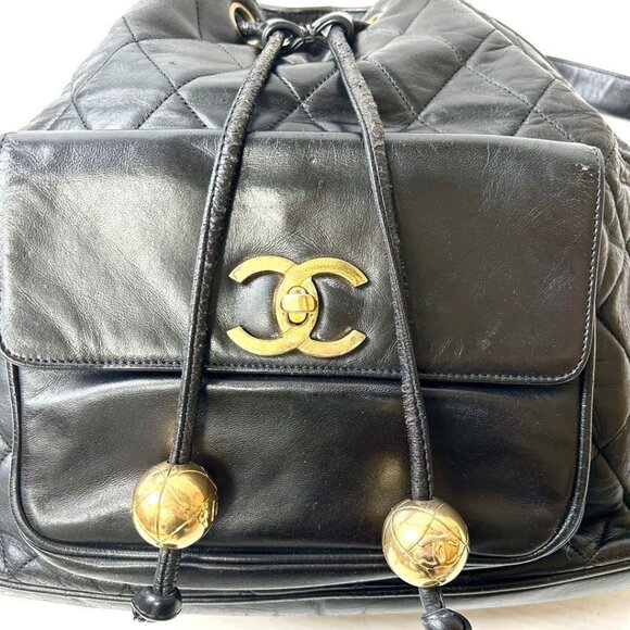RARE Authentic CHANEL Vintage CC Lambskin Leather Backpack Shoulder Bag Black - Picture 12 of 16